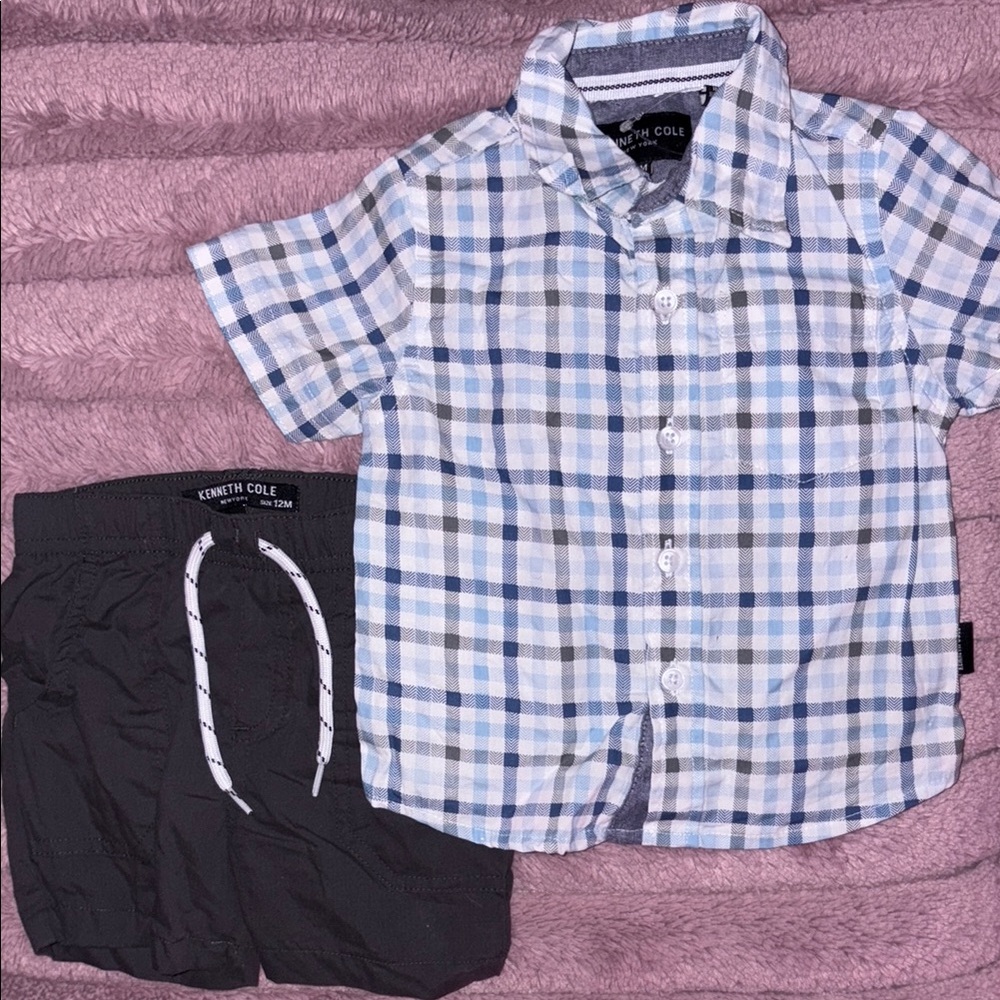 Kenneth Cole Blue and White Plaid Button Down Shirt